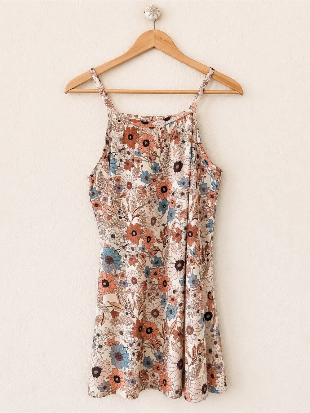 Retro Floral Sleeveless Cami Slip Mini Dress - Pink/Blue Multi (Large)